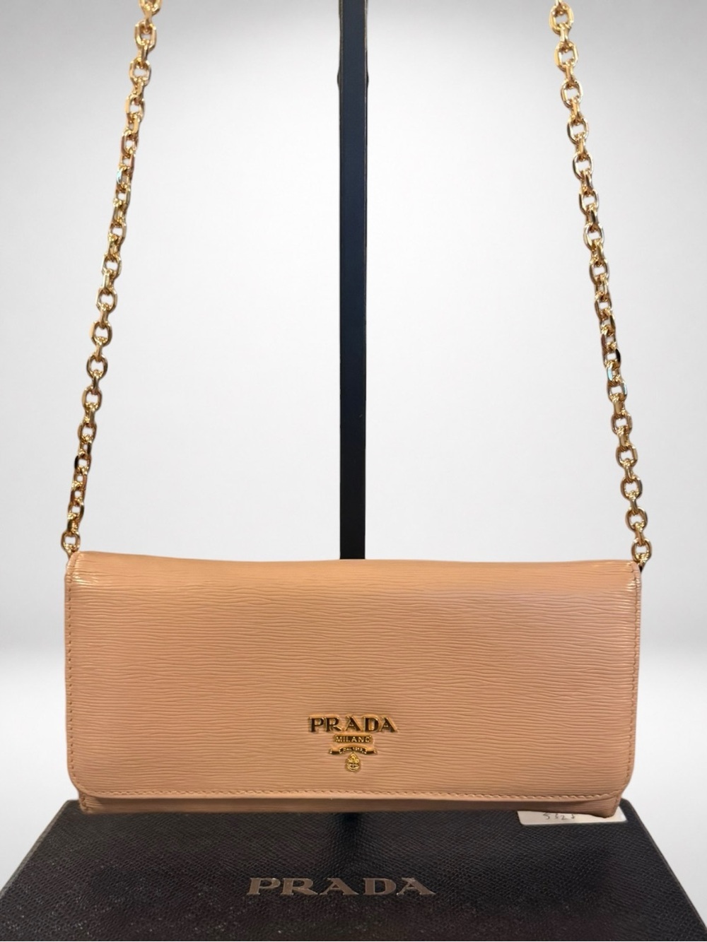 Prada Vitello Move Cammeo Wallet Clutch Crossbody Beige Nude Leather Chain